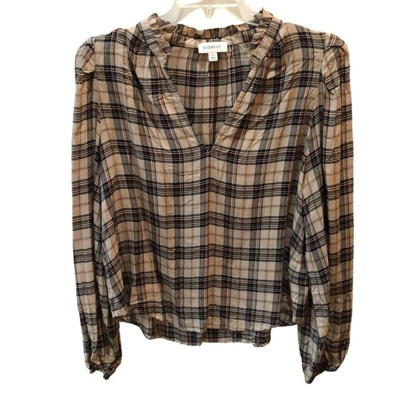 Evereve Womens Large Tan Plaid Long Sleeve V Neck Pullover Shirt Blouse Top Sz L - Picture 3 of 10